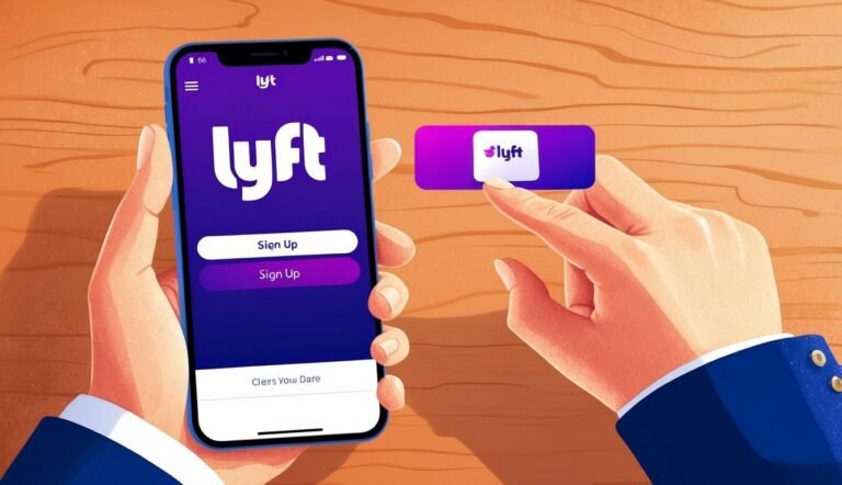 Hands holding a phone with the Lyft app and tapping a Lyft button