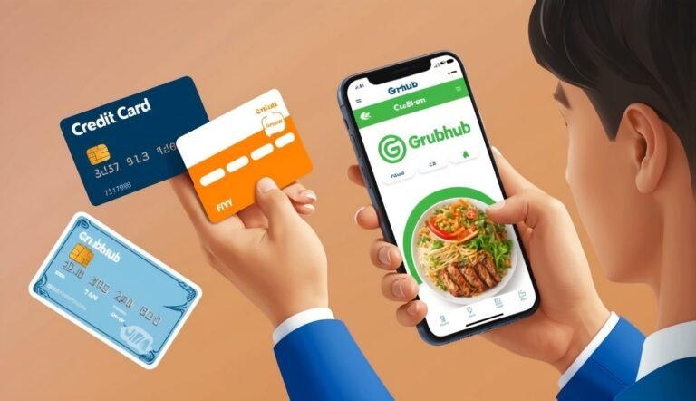 Person holding a phone with Grubhub app and credit cards, food image on screen