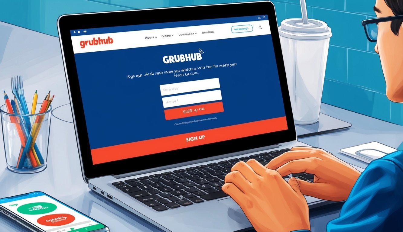 A person using a laptop or smartphone to visit the Grubhub website and entering personal information to sign up for an account