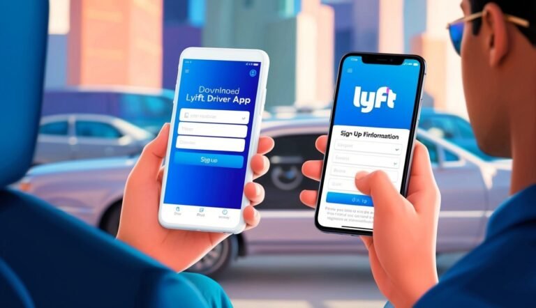Two phones displaying Lyft driver app sign-up screens, held by a person