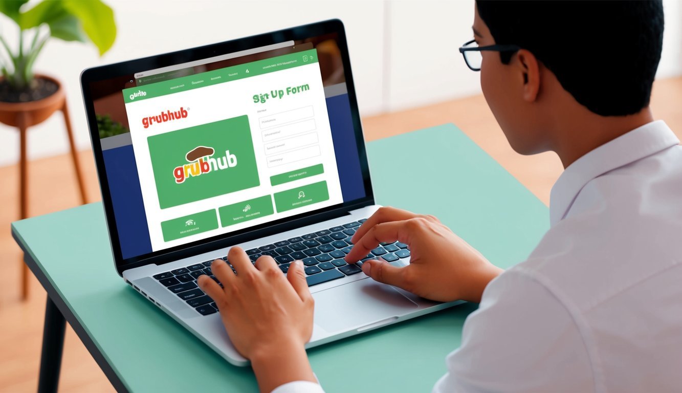 A person using a laptop to visit the Grubhub website and filling out a sign-up form