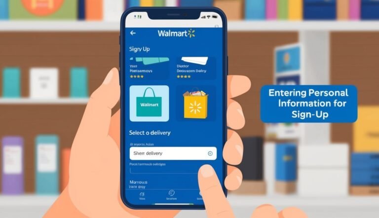 Hand holding a phone with a Walmart sign-up screen, selecting delivery options