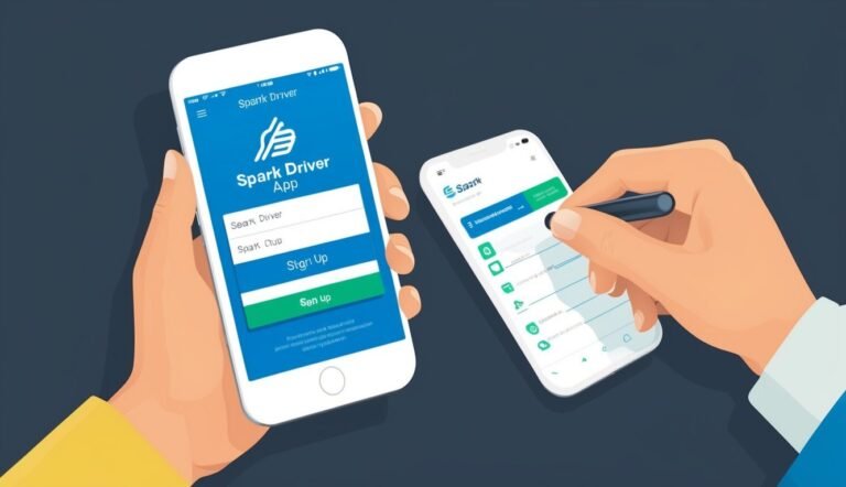 Two smartphones displaying app interfaces, one with a hand holding a pen