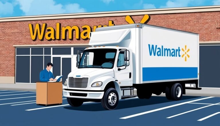 Walmart delivery truck parked in front of a store, man reviewing paperwork