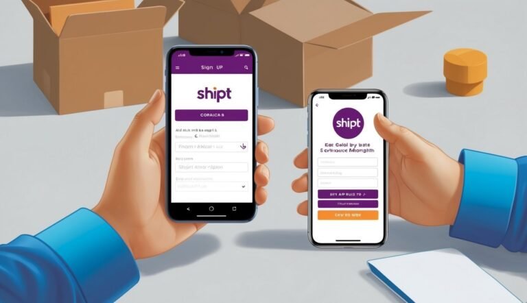 Two phones displaying the Shipt app with cardboard boxes in the background