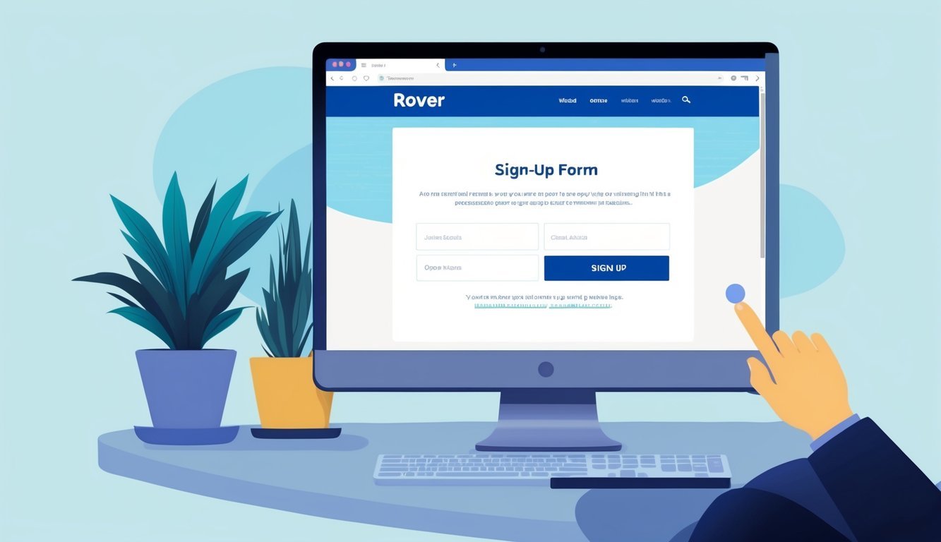 A computer screen displaying the Rover website with a sign-up form open, a cursor hovering over the "Sign Up" button