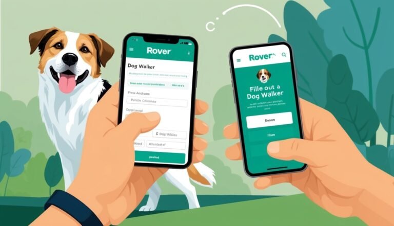 Hands holding phones with the Rover app, dog in background, dog walker service