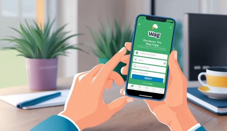 Hands holding a phone showing the Wag app interface on a desk