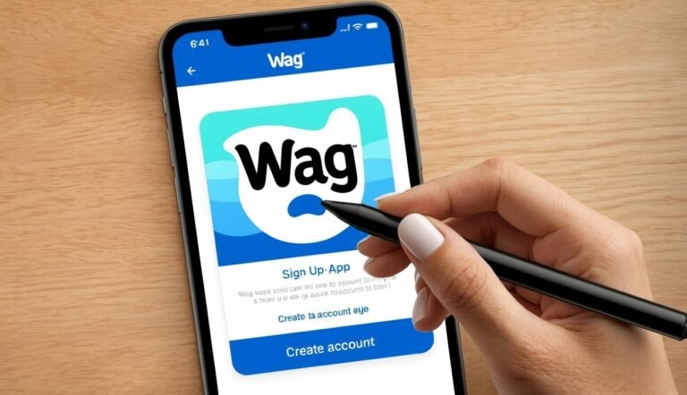 Smartphone screen displaying the Wag app sign-up page, held by a hand with a stylus