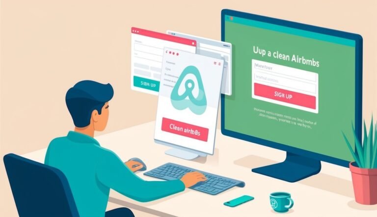Man signing up for "Clean Airbnbs" on a computer with multiple windows