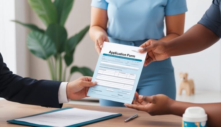 People exchanging an application form in an office setting