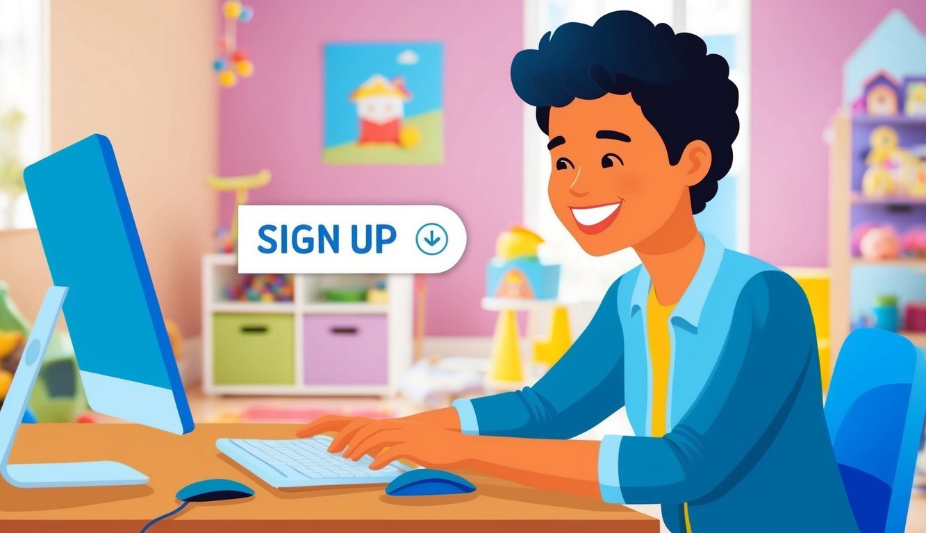 A smiling person sitting at a computer, clicking on a "Sign Up" button on a website.</p><p>A child's playroom in the background