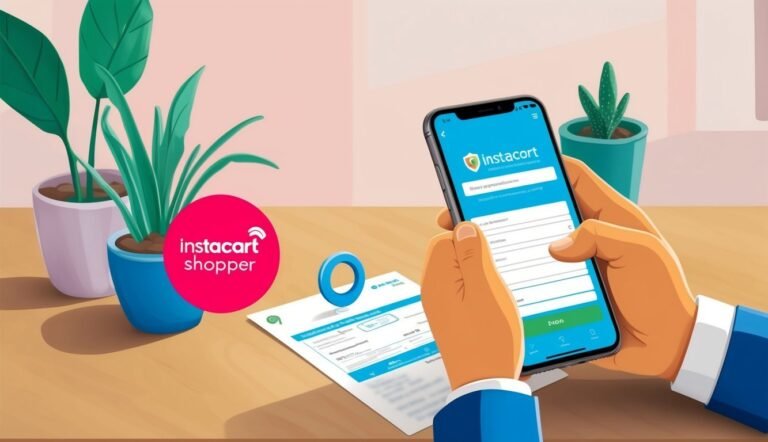 Person using Instacart app on phone, with plants and shopper logo