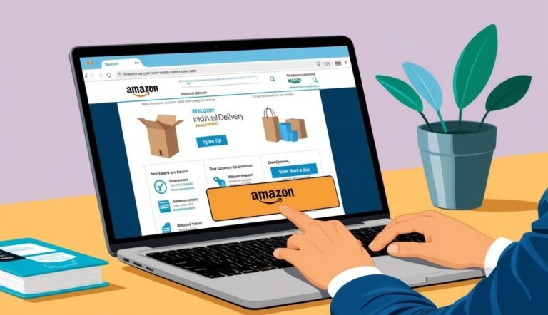 Person using laptop with Amazon website open, plant, and book on desk
