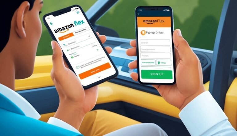 Person holding two phones with Amazon Flex app screens, one sign-up form