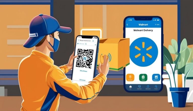 Walmart delivery person scanning a QR code on a phone, with box and app