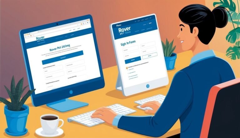 Woman filling out Rover pet sitting forms on computer and tablet