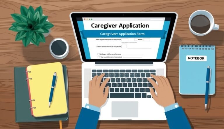 Laptop displaying a caregiver application form, with hands typing, and office supplies