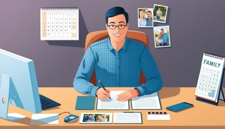 Man at desk with family photos, calendar, and computer