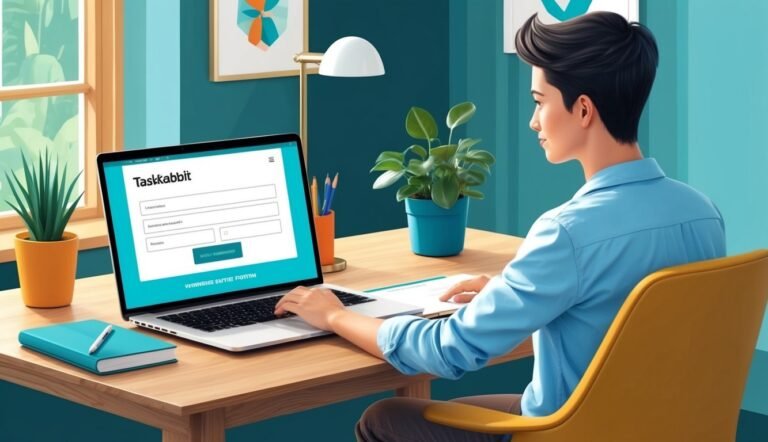 Person working on a laptop with "Taskkabbit" login screen, desk with plants