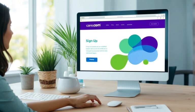 Woman using computer with care.com sign-up page on screen