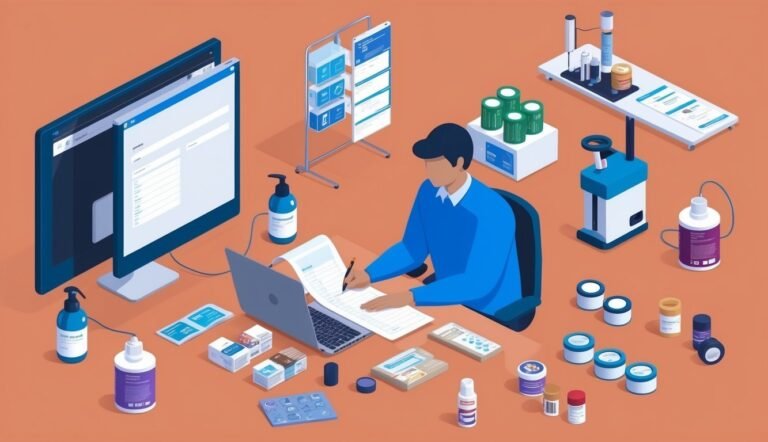 Man working at desk with computer, medical supplies, and paperwork