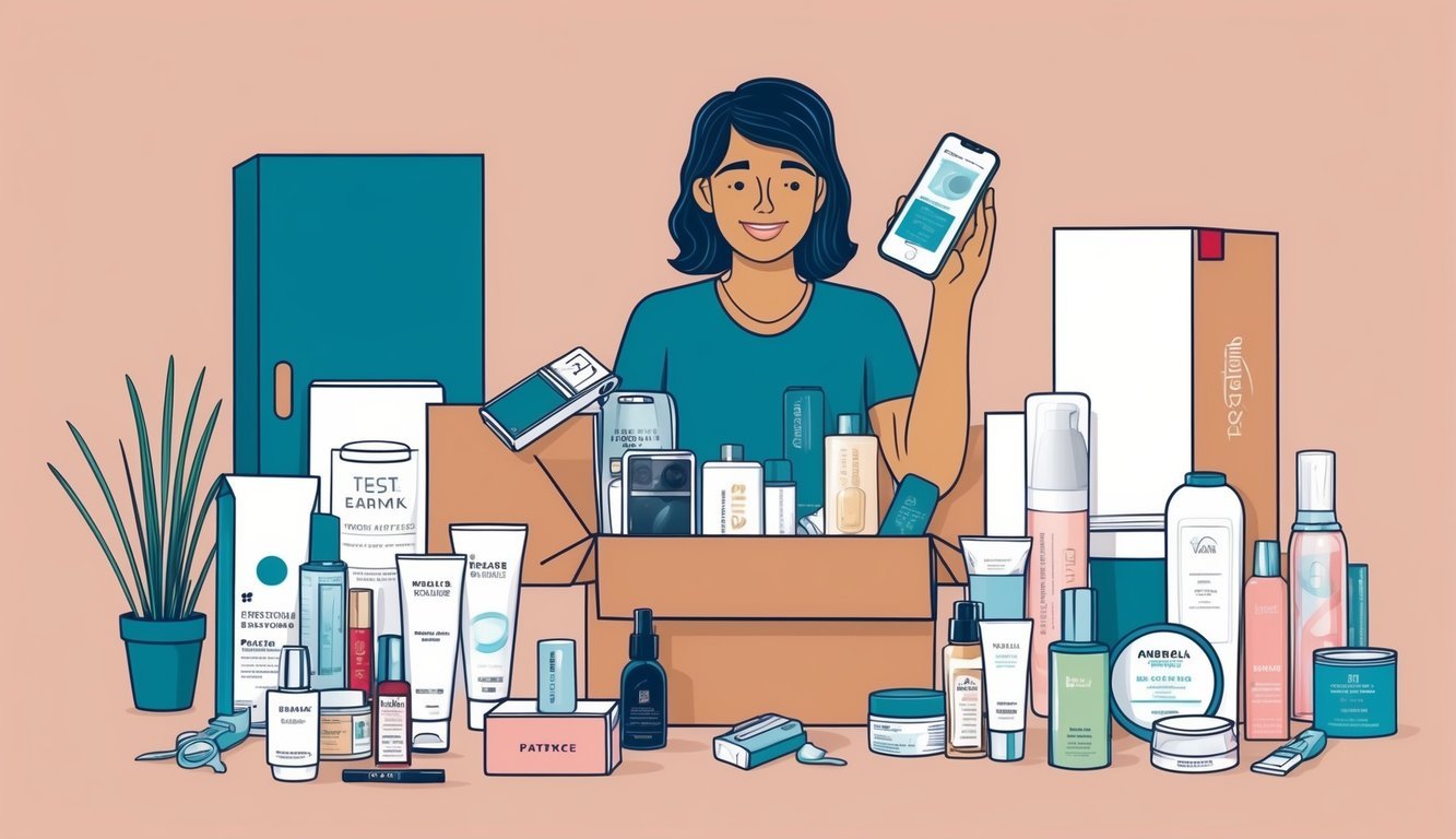 A person receiving a package with a variety of products to test, including electronics, beauty items, and household goods