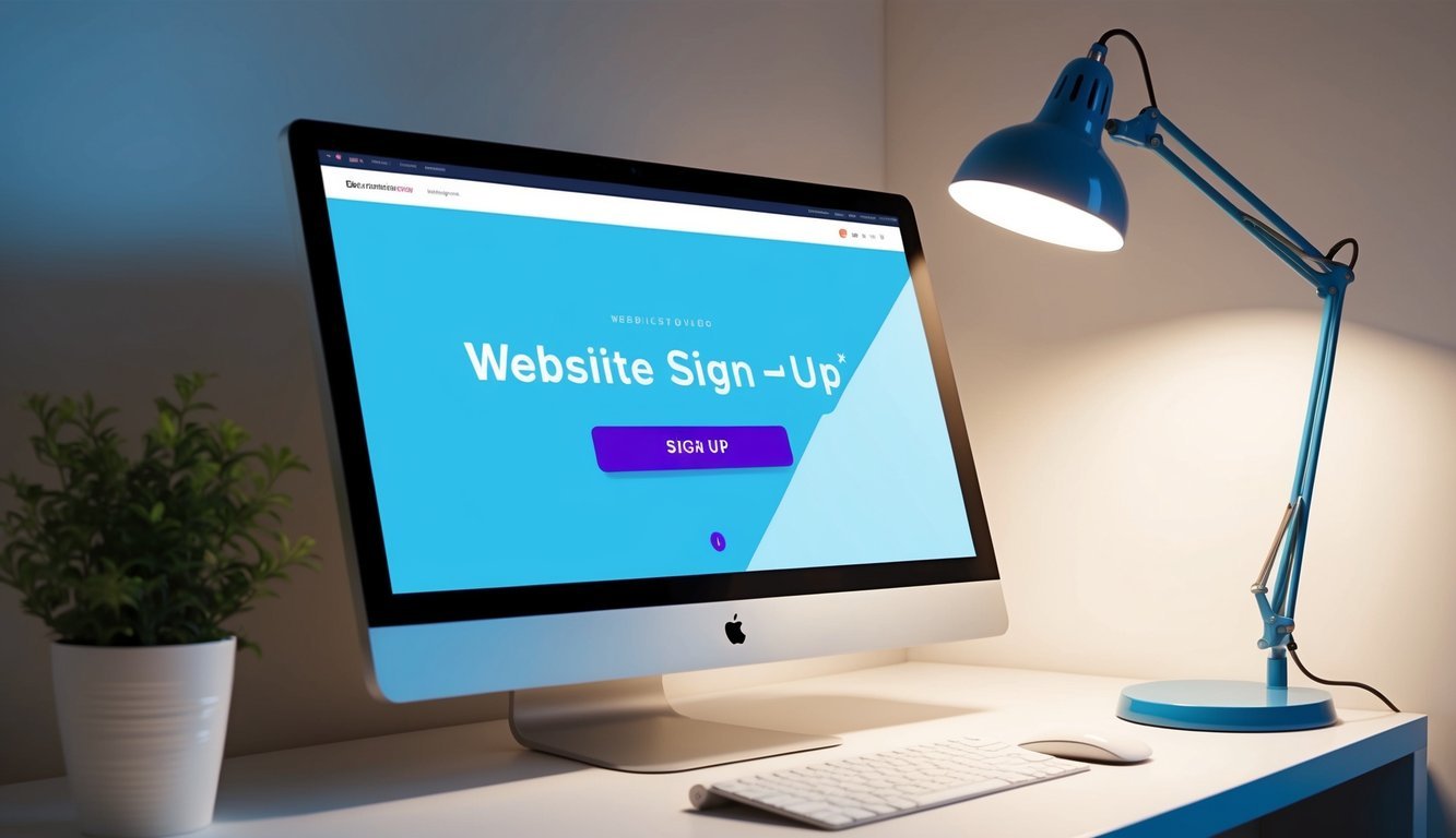 A computer screen displaying a website homepage with a "Sign Up" button highlighted.</p><p>A desk lamp illuminates the scene