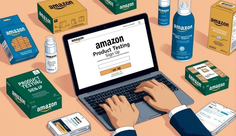 Person using laptop for Amazon product testing, surrounded by Amazon boxes