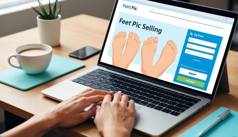 Laptop displaying a "Feet Pic Selling" website with signup form