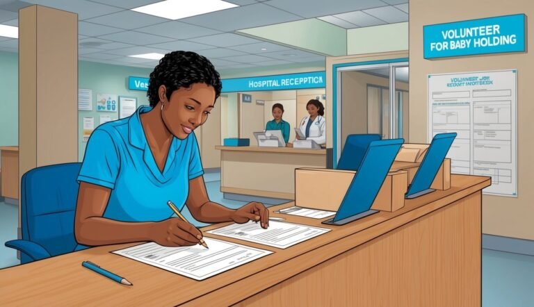 Woman writing at a hospital reception desk, "Volunteer for Baby Holding" sign
