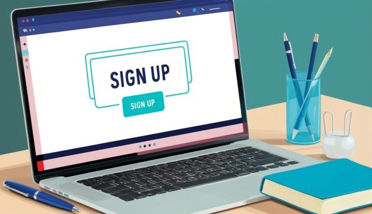 Laptop with "Sign Up" on screen, pens, book, and desk accessories