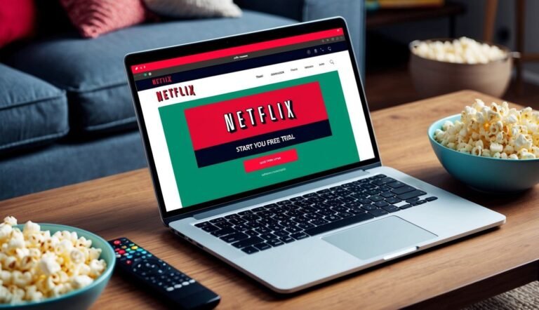 Laptop with Netflix on screen, popcorn bowls, and remote on a table