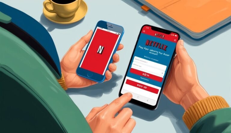 Two phones displaying Netflix app, one with login screen, coffee cup nearby