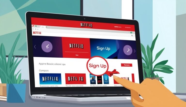 Laptop screen with Netflix sign-up page, finger pointing at the "Sign Up" button