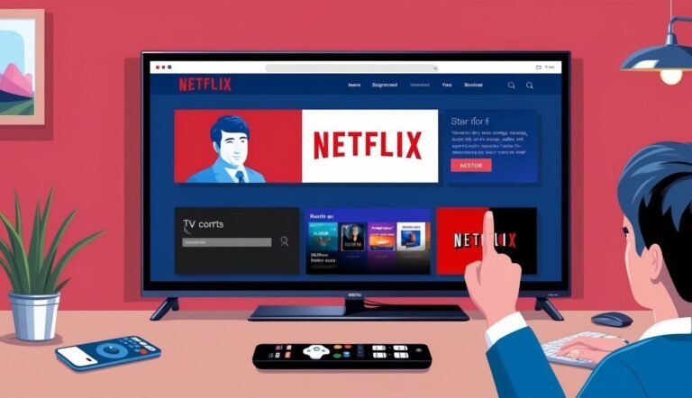 Person pointing at Netflix screen, remote, keyboard, and plant on a table