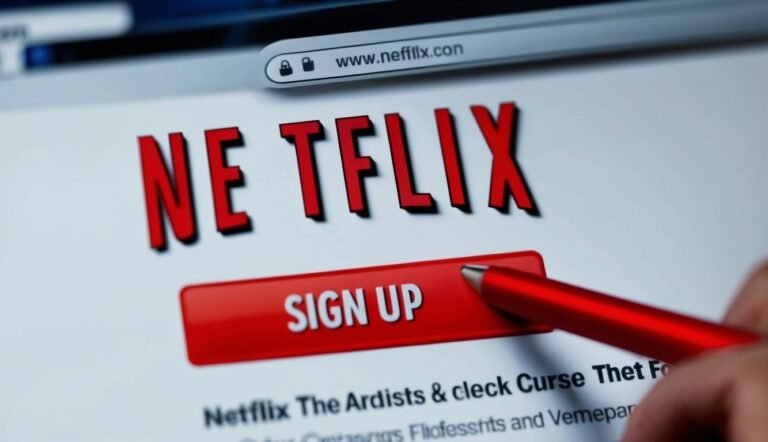 Netflix website with "Sign Up" button, red pen pointing at it