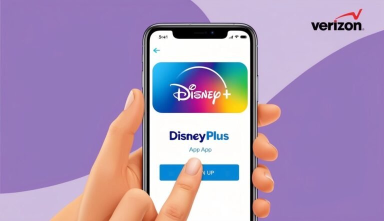 Hand holding phone with Disney+ app open, Verizon logo in corner