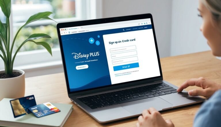 Person signing up for Disney Plus on a laptop with credit cards nearby