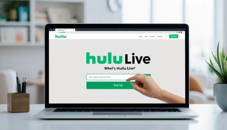 Laptop screen displaying Hulu Live sign-up page with hand hovering over the button