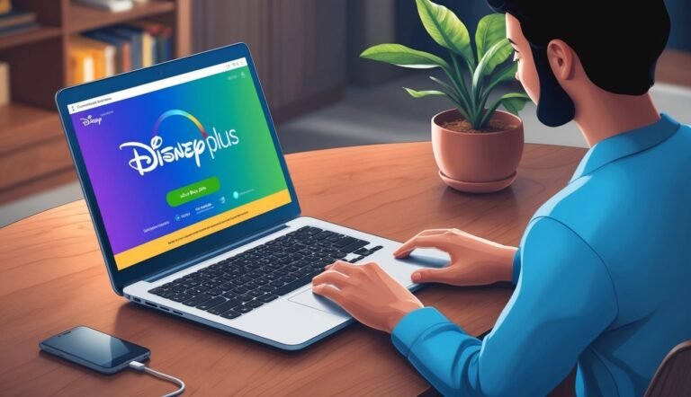 Man using a laptop with the Disney Plus website on the screen
