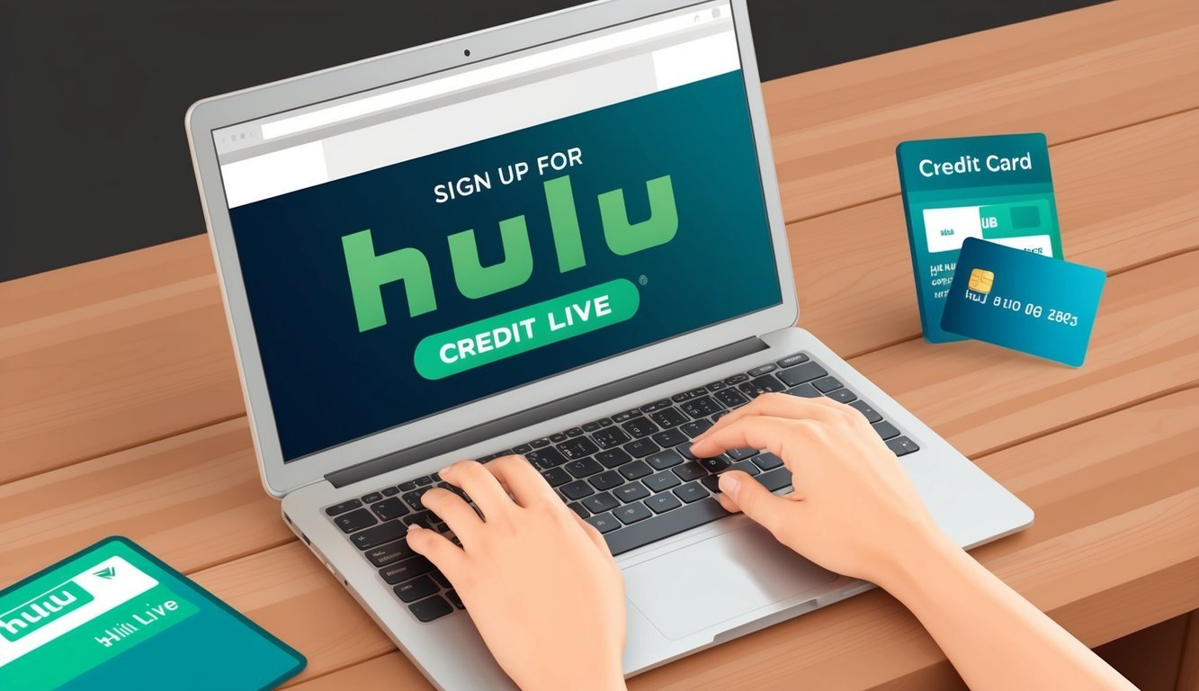 A person using a laptop to sign up for Hulu Live with a credit card nearby