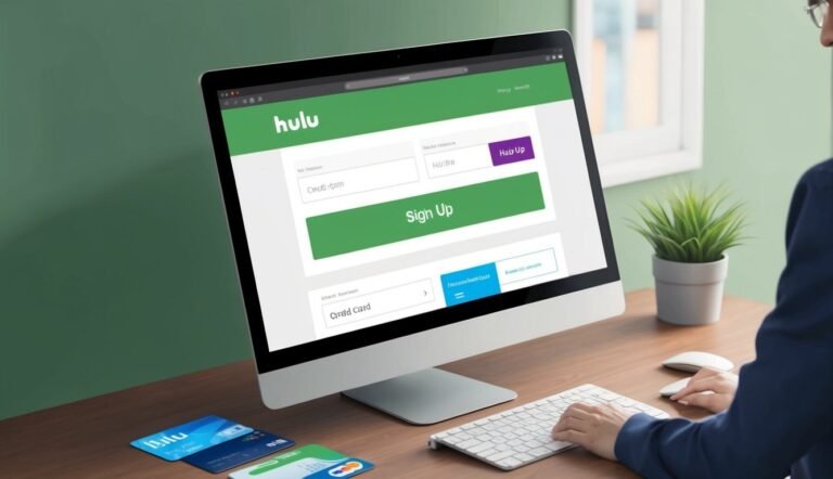 Person signing up for Hulu on a computer with credit cards nearby