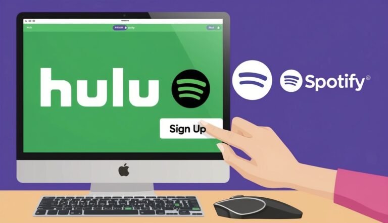 Hulu sign-up screen on a computer with Spotify logo in the background