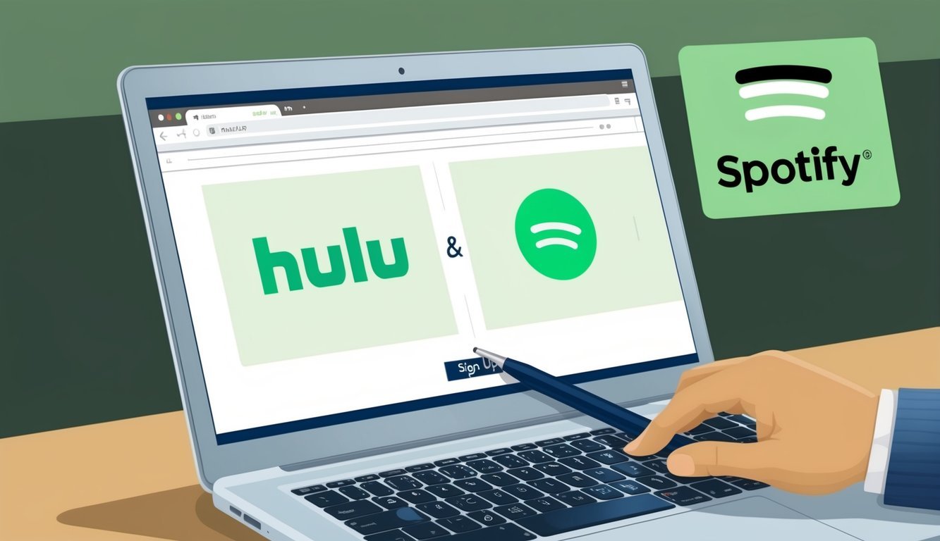 A laptop open to a webpage with the Hulu and Spotify logos displayed prominently.</p><p>A cursor hovers over a "sign up" button