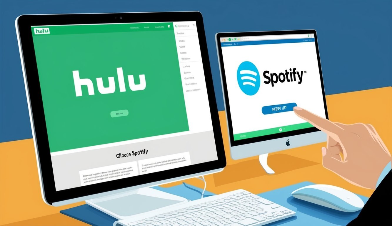 A computer screen displaying the Hulu and Spotify websites, with a cursor clicking on the sign-up button