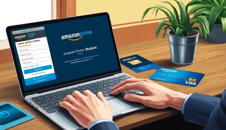 Person using laptop with Amazon Prime Student page, credit cards, and plants