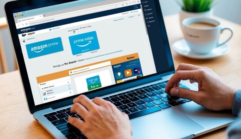 Laptop displaying Amazon Prime website, hands typing, coffee cup, and small plant