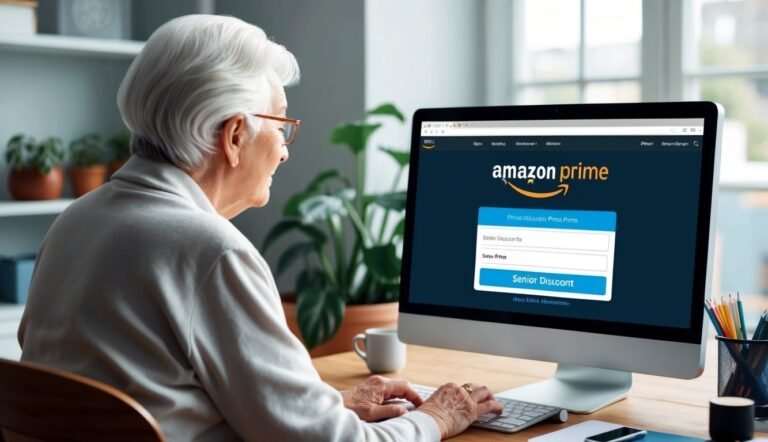 Senior woman using a computer to sign up for Amazon Prime senior discount