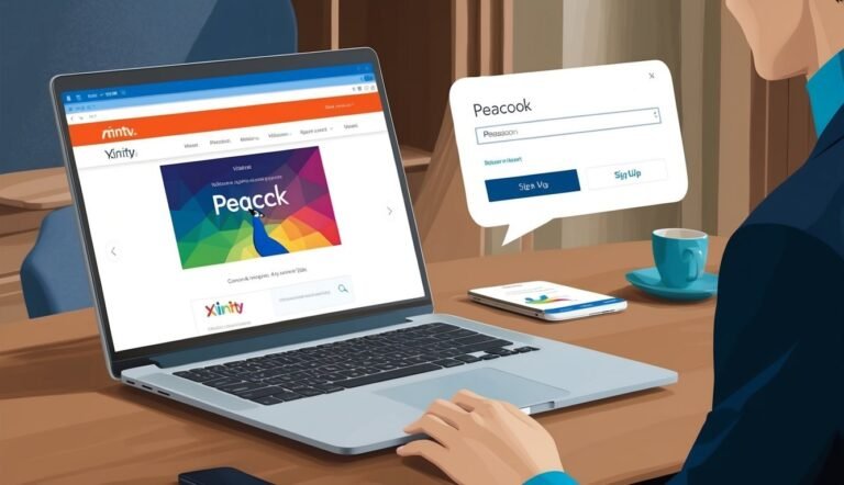 Person using laptop to sign up for Peacock streaming service. Xfinity logo visible